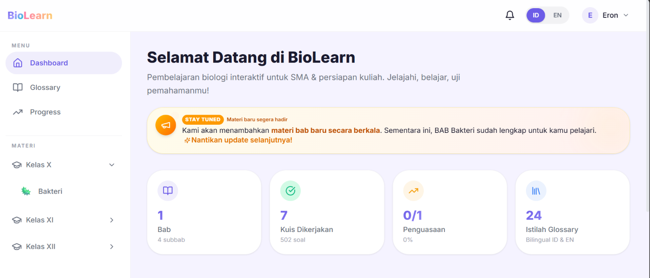 Student dashboard — chapter-based learning system with progress tracking